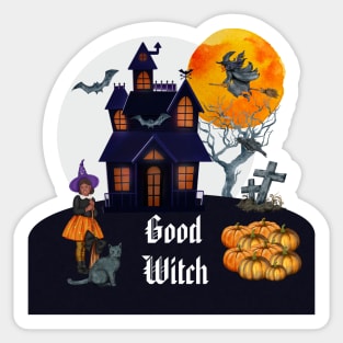 Spooky Halloween good witch and haunted house Sticker